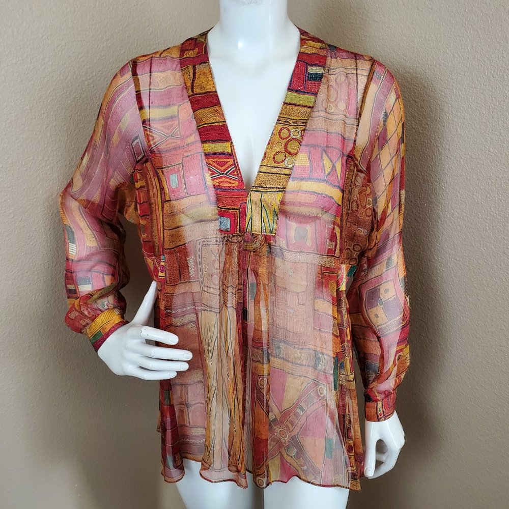 BURNING TORCH 100% Silk Sheer V-neck Babydoll Blouse Top~Size S